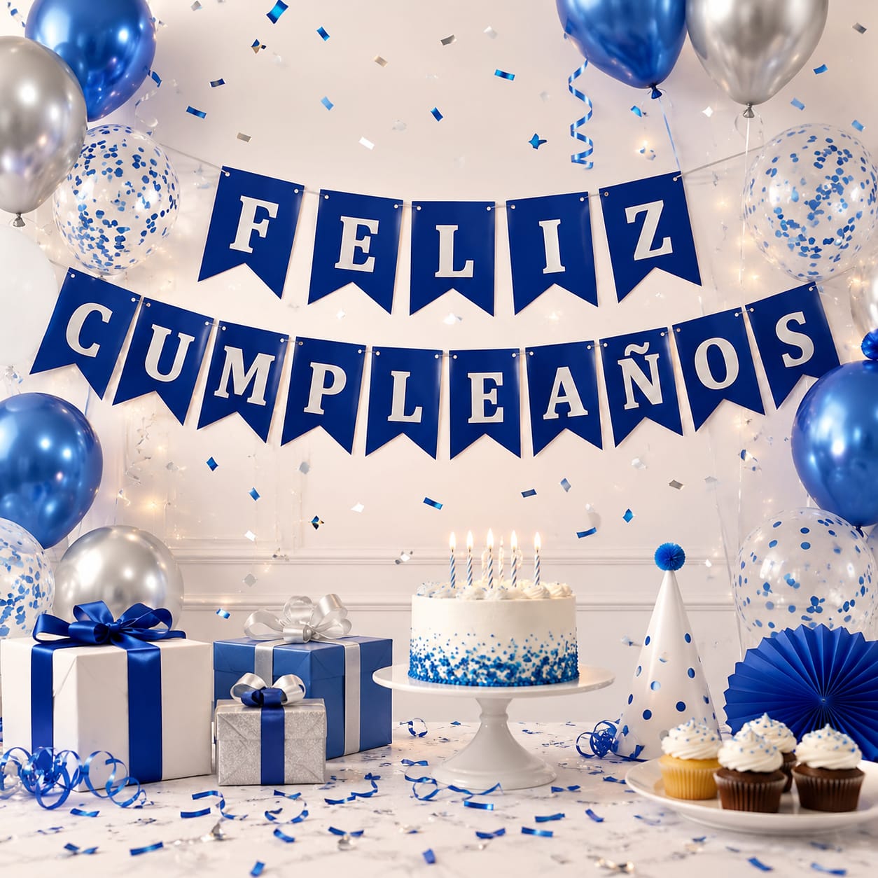Banderín Feliz Cumpleaños Azul Rey Letras Plateadas Decoración Fiesta